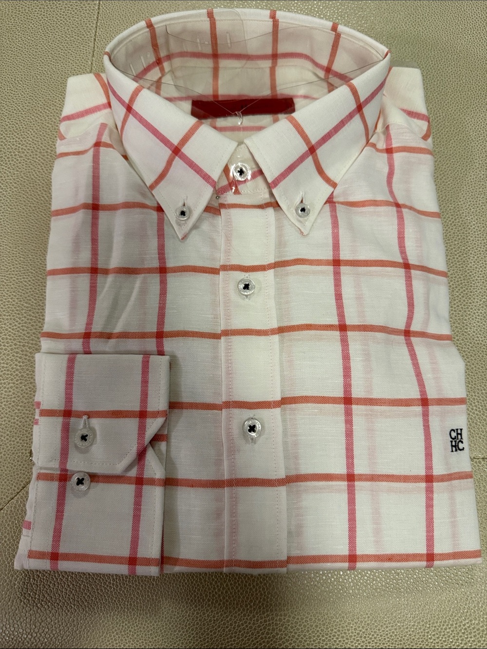 Carolina Herrera White Button-Down Shirt with Pink & Orange Plaid